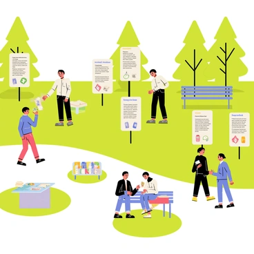 A public park scene featuring lush green grass and tall trees. Various informational signs are scattered throughout the park, each displaying facts about recycling. Some signs have bright colors and illustrations of recyclable materials, such as plastic bottles, paper, and cans. Nearby, there are interactive displays where visitors can engage with educational materials about recycling's benefits. Families and individuals are walking or sitting on benches, reading the signs, and discussing the importance of recycling, creating a lively and informative atmosphere.
