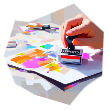 A close-up view of a quality control stamp being applied to a completed illustration. The stamp, featuring the words "Approved" in bold letters, is held firmly in the hand of a person with light skin. The background shows the edge of a colorful illustrated piece, filled with vivid imagery and details. The person is pressing down with the stamp, causing a slight impression on the paper, indicating the final check of quality. The workspace has tools and materials scattered around, suggesting a creative environment.