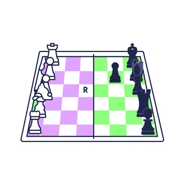 A chessboard is set up with pieces arranged to illustrate equivalent ratios. The board is divided evenly into squares, alternating in a pattern. On the left side, there are six white pawns positioned in a row, representing a specific ratio. Adjacent to them, three white rooks are placed to highlight another ratio. On the right side of the board, the black pieces mirror the arrangement of the white pieces. There are six black pawns lined up in their own row, followed by three black rooks beside them. Each piece is clearly defined, with intricate details like the carved patterns on the rooks and the rounded tops of the pawns, enhancing the visual complexity of the setup.
