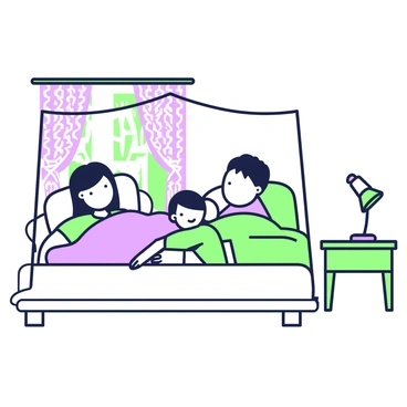 A family of four is peacefully sleeping under a protective mosquito net. The parents are positioned on one side, with the mother lying on her side and the father on his back. The two children are nestled between them, one child facing upward and the other curled up beside their sibling. The mosquito net is draped from the ceiling and covers the entire sleeping area, creating a safe cocoon. The bedding consists of soft, light-colored fabrics, and a bedside table is visible with a small lamp atop it, providing a warm glow. The room has a window with patterned curtains gently swaying, suggesting a light breeze.