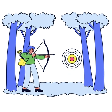 A person standing in a wooded area, focusing on their bow while practicing archery. The person is wearing a green shirt and has a quiver attached to their side, filled with arrows. Tall trees surround them, their leaves creating a dense canopy overhead. Sunlight filters through the branches, casting dappled shadows on the ground. The archer is aiming at a target positioned a short distance away, which is a circular bullseye with concentric rings.