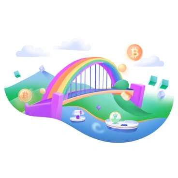 A modern pastel illustration depicting a "rainbow bridge" arching gracefully between several "cryptocurrency islands." Each island is adorned with distinct symbols representing different cryptocurrencies, such as a "Bitcoin" logo, an "Ethereum" logo, and others. The islands are lush with colorful vegetation and have gently rolling hills. The bridge is vibrant, with a spectrum of colors blending seamlessly, and features dynamic light reflections. A few small boats with pixelated designs float in the calm waters beneath the bridge, enhancing the scene's whimsical atmosphere.