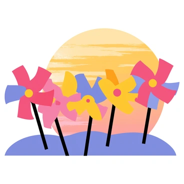 A group of colorful pinwheels is positioned in the foreground, their shapes dynamic and playful. The pinwheels feature a variety of bright colors such as red, blue, and yellow. They are silhouetted against a vibrant sunset that displays a gradient of orange, pink, and purple hues in the sky. The sun is partially visible, casting a warm glow that contrasts with the dark outlines of the pinwheels. The scene captures the whimsical movement of the pinwheels as they spin gently in the breeze.