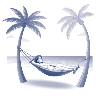 A couple is lying on a hammock suspended between two palm trees. The hammock is woven and gently sways under their weight. The man is reclining with an arm behind his head and a relaxed smile, while the woman is leaning against him, her head nestled on his shoulder. The palm trees have tall, slender trunks and lush, fan-like fronds that partially shade the hammock. The beach features soft sand, and in the background, gently lapping waves can be seen. A clear sky with a few scattered clouds creates a tranquil atmosphere.