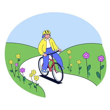 A cyclist riding a bicycle down a winding old rustic road. The road is lined with vibrant wildflowers in various colors, including yellow, purple, and pink. Green grass grows alongside the path, creating a natural border. The cyclist is wearing a bright helmet and comfortable cycling attire. The scene features a clear blue sky above, enhancing the outdoor atmosphere.