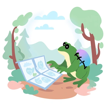 A frog with a vibrant green body is standing on a dirt forest trail. The frog is wearing a small, colorful backpack secured with straps. In front of the frog is an open map, featuring various trails and landmarks, which the frog is examining closely. Surrounding the trail are tall trees with lush green leaves, and patches of soft moss can be seen on the ground. Sunlight filters through the tree branches, casting dappled light on the scene.