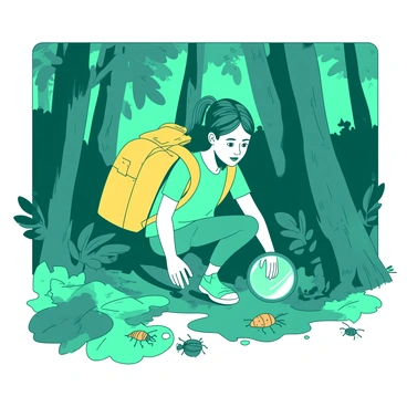 A teal girl wearing a bright yellow shirt is walking through a dense forest, carrying a large yellow backpack on her back. She is crouched down, examining the ground closely with a magnifying glass in her right hand. Surrounding her are tall green trees with sunlight filtering through the leaves, casting dappled shadows on the forest floor. Various insects, such as ants and beetles, are visible nearby, some crawling on the ground and others resting on the leaves. The girl's hair is tied back in a ponytail, and she has a look of curiosity on her face as she discovers the wonders of nature.