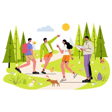 A group of four hikers walking along a winding trail. The first hiker has a red backpack and is wearing a blue t-shirt. The second hiker, wearing a green jacket and a black hat, is pointing at a bird perched on a nearby branch. The third hiker, dressed in orange shorts and a white tank top, is taking a photo with a camera. The fourth hiker, wearing purple pants and a gray sweatshirt, is looking at a map. Surrounding them is a vibrant landscape filled with tall trees and blooming wildflowers. Small animals, like a rabbit and a deer, can be seen peeking from behind the bushes. The sun is shining brightly, casting dappled light across the trail.
