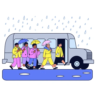 A group of Freedom Riders boarding a grey bus under a rainy sky. The individuals are wearing raincoats and carrying umbrellas, some with determined expressions on their faces. Puddles form on the asphalt as raindrops create ripples. The bus has a simple design, and the doors are open, inviting them in. A few riders look back defiantly as they step onto the bus, showing their resolve in the face of challenging weather conditions.
