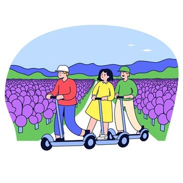 A Segway tour group of three individuals is riding through a scenic vineyard. The vineyard is filled with rows of grapevines, heavy with ripe purple grapes ready for harvest. In the background, there are rolling hills and a clear blue sky. The tour group consists of a man wearing a red shirt, a woman in a light yellow dress, and another man in a green cap, all wearing helmets for safety. Each individual is focused on the beautiful surroundings while gliding along the path between the grapevines.