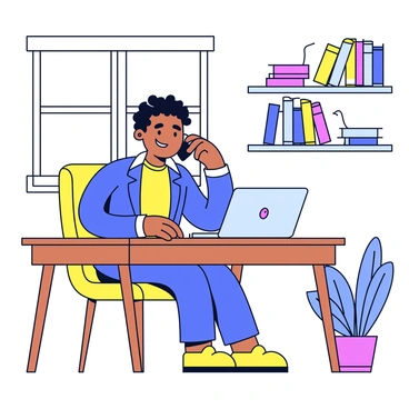 A psychologist seated at a wooden desk in a home office. The psychologist is focused on a smartphone held to their ear, engaged in conversation. On the desk, there is an open laptop displaying notes and a digital calendar. A comfortable office chair provides support as the psychologist leans slightly forward. The room is well-lit with a window in the background, and there are shelves filled with books and a potted plant nearby, adding a touch of nature to the workspace.