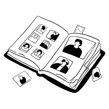 An open photo album filled with self-portraits that gradually change in size and shape