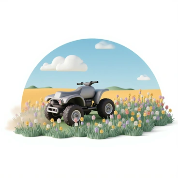 An ATV, featuring rugged tires and a metallic body, is riding through a vibrant field filled with an array of colorful wildflowers, including yellows, purples, and reds. The flowers sway gently in the breeze, creating a lively scene. Above, the sky is clear and bright, with a few fluffy white clouds scattered across the blue expanse. The sun casts warm light onto the landscape, enhancing the vivid colors of both the ATV and the wildflowers. The ATV's wheels kick up a small cloud of dust as it navigates through the field.