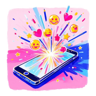 A smartphone is positioned at the center of the image, its screen reflecting a bright light. From the screen, a burst of colorful emojis is emerging, including a smiling face, a heart, a thumbs-up, a star, and a laughing face. The emojis are varied in size and are expanding outward, creating a sense of motion. The background is simple, allowing the vibrant colors of the emojis to stand out prominently. The smartphone is sleek and modern, with a black casing and a high-resolution display.