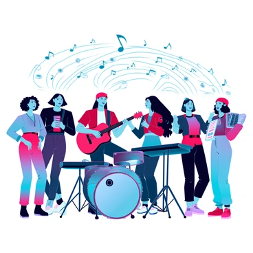 A diverse group of musicians is gathered together, showcasing a variety of musical instruments, including a guitar, keyboard, drums, and a microphone. Each musician presents distinct features, representing different cultural backgrounds and styles. They are engaged in a collaborative practice, with one musician passionately playing the guitar, while another leans forward to engage with the group. The setting is a modern rehearsal space, filled with sound equipment and music sheets scattered around. Above them, floating musical notes and symbols visually connect their instruments, symbolizing unity through music. Everyone is focused, reflecting a sense of teamwork and camaraderie in their artistic expression.