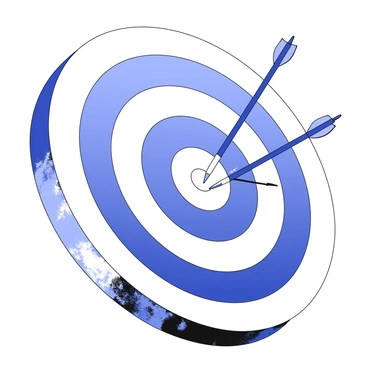An archery target is positioned prominently in the center of the image. The target features concentric circles with distinct segments indicating scoring zones. A set of arrows is perfectly clustered within the bullseye, their shafts piercing the target and creating a striking focal point. Each arrow has a pointed tip and fletching at the end, which is clearly visible. The surrounding area of the target shows the weathered texture of the material, with some fraying edges.