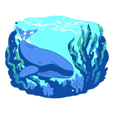 A blue whale is surfacing near the edge of a vast kelp forest. The whale's massive body creates a gentle splash as it breaks the surface of the water. The kelp forest is lush and vibrant, with long strands of green kelp swaying gracefully in the water. Sunlight filters through the surface, illuminating the scene with a shimmering effect. Bubbles rise around the whale, creating a sense of movement and life in the ocean.