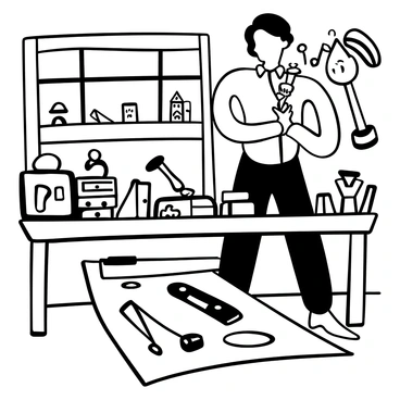 Thomas Jefferson standing at a wooden workbench in a workshop, focused on a mechanical invention. Various tools such as hammers, chisels, and measuring devices are scattered around the workbench. Shelves filled with small wooden pieces and sketches of inventions are visible in the background. Light filters through a window, illuminating the workspace. A blueprint is spread out on the table, showcasing his innovative designs.