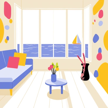A room with large windows allowing bright sunlight to flood in. The walls are adorned with various colorful abstract patterns and shapes reminiscent of Matisse's work. There is a comfortable sofa with cushions in vibrant hues of blue, red, and yellow. A small round table in the center has a bright blue vase holding fresh flowers. The floor is made of light wooden planks. Through the windows, there is a stunning view of the sea, with gentle waves reflecting the sunlight, and a few sailboats in the distance.