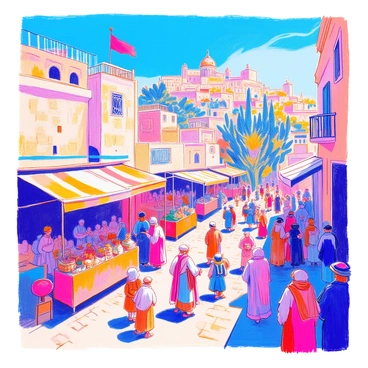 An ancient view of Jerusalem features a bustling market scene during the festival of Pentecost. In the foreground, various stalls display colorful fabrics, pottery, and fresh produce. Merchants, dressed in traditional robes, engage with customers, while children play nearby. The marketplace is filled with people of different ages and backgrounds, some carrying baskets and others haggling over prices. In the background, the iconic stone buildings of Jerusalem rise against a bright blue sky, with flags and banners fluttering in the wind, symbolizing the festive atmosphere. The scene is lively, filled with the sounds and sights of celebration.