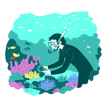 A teal marine biologist is underwater, observing vibrant coral reefs. The biologist is wearing a black wetsuit and a transparent face mask, with a snorkel attached. In one hand, the biologist is holding a small underwater camera focused on the coral formations. Colorful fish are swimming around the corals, adding lively motion to the scene. Sunlight filters through the water, creating a beautiful play of light and shadow across the ocean floor.