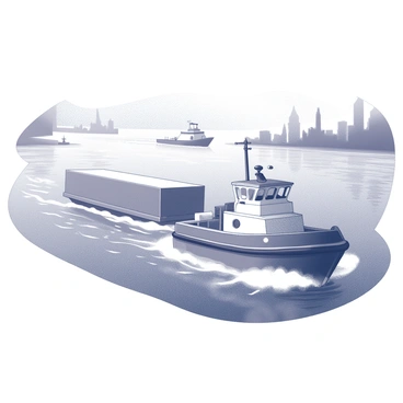 A tiny tugboat with a strong bow is pulling a large barge upstream on a busy river. The tugboat has a rounded hull and a prominent smokestack, with visible waves cascading behind it as it moves. The barge is rectangular, heavily loaded, and trailing behind the tugboat. On the riverbanks, various trees and buildings are visible, contributing to the bustling scene. The water is animated with reflections and ripples created by the tugboat's movement. In the background, other larger vessels can be seen navigating the river, adding to the sense of activity.