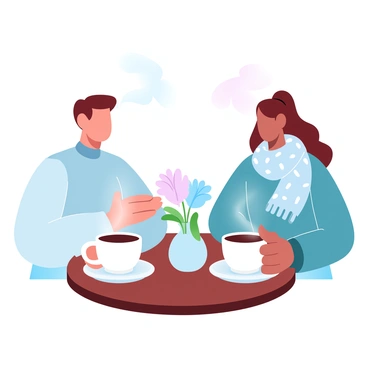 Two friends are sitting at a round wooden table in a cozy cafe. One friend has short hair and is wearing a warm sweater, while the other has long hair tied in a ponytail and is wearing a patterned scarf. Each has a steaming coffee cup placed in front of them, with gentle wisps of steam rising into the air. The table is adorned with a small vase containing fresh flowers. Soft, ambient lighting fills the space, creating a welcoming atmosphere.
