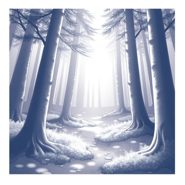 Sunlight filtering through the dense canopy of a forest. Tall trees with thick trunks rise upwards, their branches stretching outward and forming a natural roof overhead. The rays of sunlight create patterns of light and shadow on the forest floor, where layers of fallen leaves and small plants can be seen. Some shafts of light illuminate patches of moss and ferns, adding texture to the scene. The atmosphere is filled with the details of nature, showcasing the intricate interplay between light and the foliage.