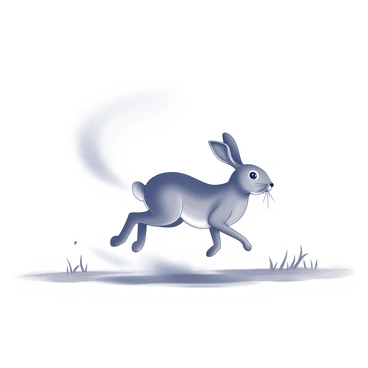 A hare is sprinting across an open field. Its powerful legs propel it forward, creating a blur of motion. Behind the hare, a trail of dust rises up, swirling in the air to illustrate its speed. The hare's ears are upright, and its eyes are focused ahead, reflecting a sense of confidence. The background features a flat horizon with a few scattered tufts of grass, emphasizing the vastness of the landscape around it.
