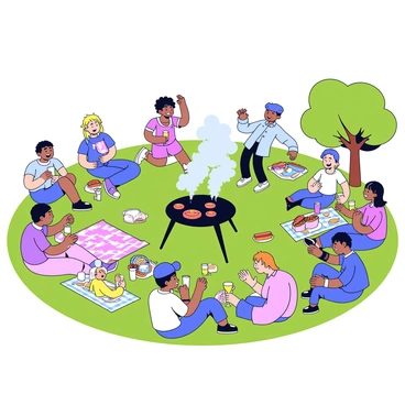A large family gathering taking place in a park on a sunny day. In the center, there is a barbecue grill with smoke rising from it, surrounded by various food items like burgers and hot dogs on a table. People of all ages are engaged in games such as cornhole and frisbee, with children laughing and playing together. Some family members are seated on picnic blankets enjoying food and drinks. Trees and green grass fill the background, adding to the lively atmosphere of the reunion.