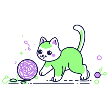 A playful kitten is depicted in action, chasing after a ball of yarn. The kitten has fluffy fur with detailed tufts on its ears. Its eyes are wide open, focused intently on the ball, which is rolled slightly away. The ball of yarn is textured, showing the strands winding around it. The kitten's paws are outstretched, ready to pounce, and its tail is raised high, indicating excitement. The background includes a few scattered pieces of yarn and a simple floor design.
