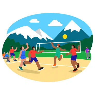 A volleyball game taking place on a sandy court surrounded by towering snow-covered mountain peaks. The players, two on each team, are jumping to hit a bright yellow volleyball over a white net. They are dressed in colorful athletic wear, showcasing bright blue, red, and green colors. The sky above is clear with a few fluffy white clouds. The sun is shining brightly, casting shadows on the court. Spectators can be seen in the background, enjoying the exciting match with expressions of enthusiasm.