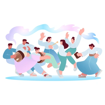 A group of performers is engaging in a dynamic Samul Nori performance. They are playing traditional Korean percussion instruments, including a "janggu," a double-headed drum, a "buk," a barrel drum, a "jing," a large gong, and a "sogo," a small drum. The performers are dressed in colorful hanbok, which adds vibrancy to the scene. Their movements are energetic, with some performers striking their instruments while others are dancing in sync. A backdrop of flowing fabric in gradient pastel colors enhances the atmosphere of the performance.