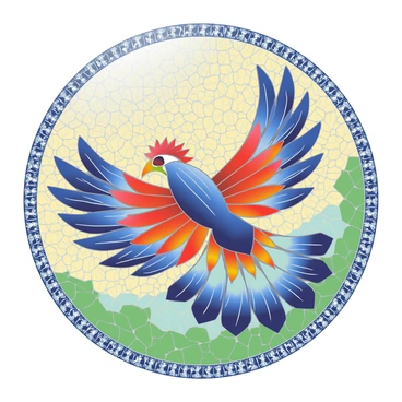 A large, intricate mosaic artwork is displayed prominently. The mosaic is composed entirely of colorful, cut gemstones, each piece reflecting light in vibrant hues. The gemstones are arranged in a swirling pattern that forms a stunning image, showcasing a design of a majestic bird in flight, with its wings outstretched. The bird's feathers are depicted in rich blues, fiery oranges, and deep purples, while the background features a blend of bright greens and soft yellows that complement the main subject. The edges of the mosaic are lined with tiny, sparkling clear gemstones that frame the artwork, enhancing its overall brilliance. The surface of the mosaic glistens under natural light, emphasizing the detail and craftsmanship of the gemstone arrangement.