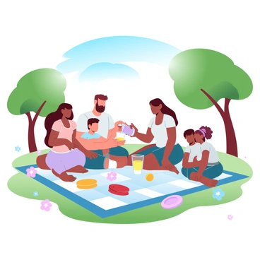 A family is sitting on a colorful picnic blanket in a sunny park. There are three adults and two children, all engaged in animated conversation. One adult is pouring lemonade into cups, while another is holding a sandwich. The children are playing with a frisbee nearby, surrounded by a spread of fruits and snacks on the blanket. Behind them, green trees provide shade, and a few flowers are blooming in the grass. A vibrant blue sky is visible above.