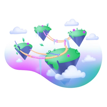 A modern pastel illustration featuring several "floating sky islands" of varying sizes. Each island has lush green vegetation and colorful flowers. "Rope bridges" connect the islands, swaying gently in the breeze. "Waterfalls" pour off the edges of the islands, cascading down into fluffy "clouds" below. The sky is a gradient of soft blues and pinks, enhancing the ethereal quality of the scene.