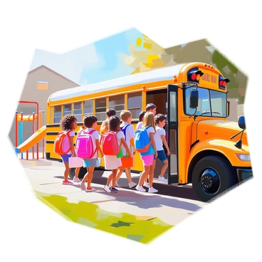 A diverse group of children of various races is boarding a bright yellow school bus. The children are smiling and chatting as they carry their backpacks and lunch boxes. Some children have curly hair, while others have straight hair in different shades. The bus is parked at a schoolyard, surrounded by green grass and colorful playground equipment. The scene captures a sense of excitement and camaraderie among the children as they make their way up the bus steps.