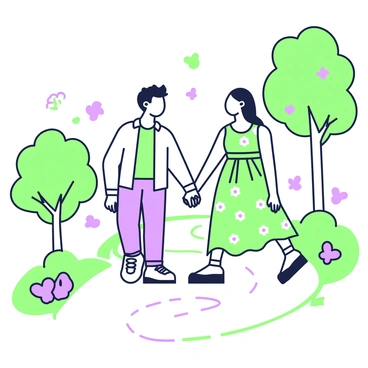 A couple is walking hand in hand along a winding path. The path is designed with a heart line pattern running along the ground. The man is wearing a light-colored shirt and dark pants, while the woman is dressed in a flowing dress with floral patterns. They are both smiling at each other as they stroll. Surrounding the path, there are trees with lush leaves, and a few butterflies are fluttering nearby. The overall scene is peaceful and romantic.