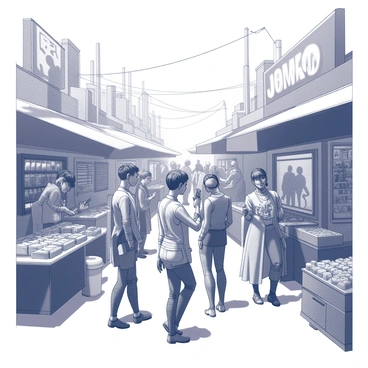 A crowded market scene set in a dystopian future. Various traders are engaged in lively interactions, showcasing their wares on makeshift stalls. The traders are wearing tattered futuristic clothing, featuring asymmetrical cuts and mixed textures. Some have accessories made from salvaged materials. The atmosphere is filled with an array of goods, from gadgets to food items. Shadows and contrasts highlight the worn features of the environment, with structures appearing aged and improvised. Elements of technology and decay intertwine in the overall composition.