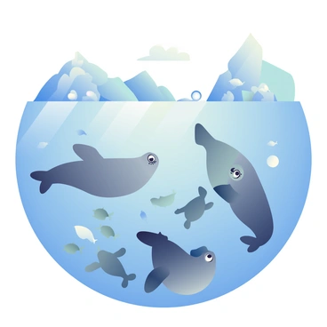 An underwater scene in the Antarctic features large, rugged icebergs with their cold blue hues. A group of seals with sleek bodies is swimming gracefully through the clear, icy water. Some seals are playfully diving, while others are floating near the surface, their eyes peeking above the water. Bubbles rise around them, and schools of small fish swim nearby, adding movement to the scene. The soft light filtering through the ice creates a gentle glow, illuminating the underwater landscape.