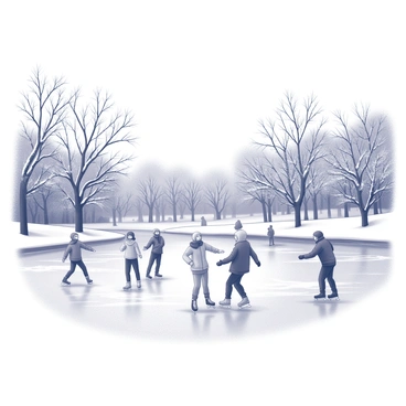 A frozen lake is bustling with activity as several people are ice skating. The skaters are dressed warmly in winter attire, with hats and scarves, enjoying the frosty weather. Surrounding the lake, snow-covered trees create a picturesque backdrop. The branches of the trees are heavily laden with snow, enhancing the winter atmosphere. Some skaters are gliding smoothly across the ice, while others are playfully interacting, demonstrating joyful expressions. The scene captures the essence of a lively winter day in a city park environment.