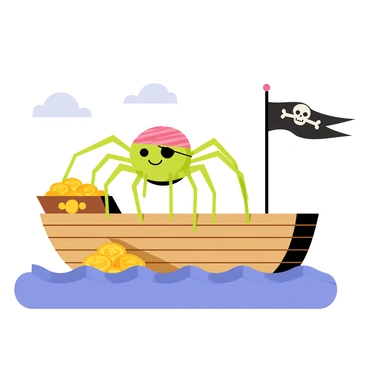 A spider dressed as a pirate, wearing a tiny black eyepatch and a red and white striped hat, stands proudly on the deck of a small wooden pirate ship. The ship features a tattered black flag with a white skull and crossbones waving in the wind. The spider has eight long legs, each positioned strategically as it surveys the ocean around it. The ship is surrounded by gentle waves and has a treasure chest filled with shiny gold coins situated near the spider. In the background, a clear blue sky enhances the scene, with a few fluffy white clouds drifting by.