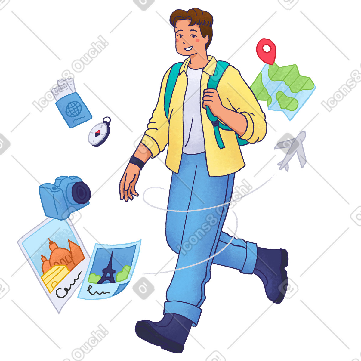 Junger mann mit rucksack und reiseutensilien-Illustration im Hue-Stil als Download in PNG, SVG