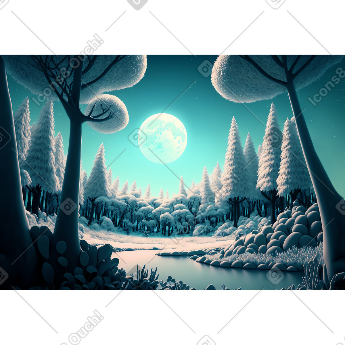 Ilustración Fondo de bosque invierno fantasía 3d en estilo Experimental a descargar en PNG y SVG