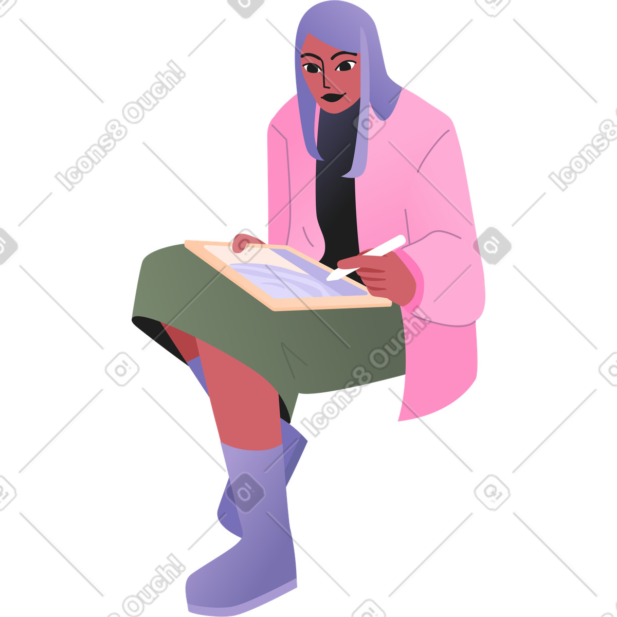 Seated woman drawing illustration painting clipart graphics PNG SVG