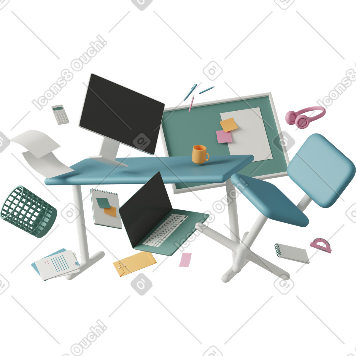 Collage with falling and balancing office supplies-Illustration im 3D Casual life-Stil als Download in PNG, SVG