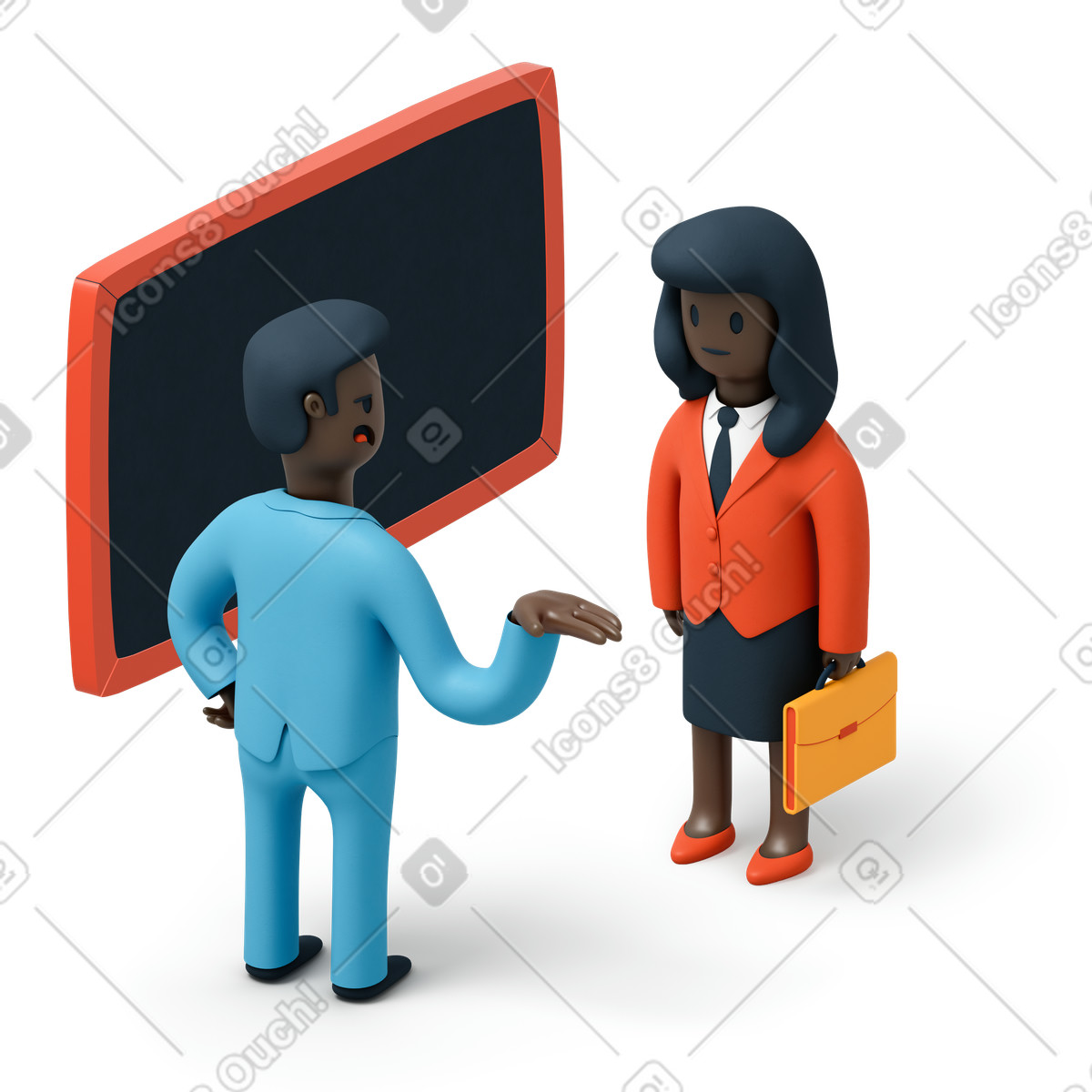 3D Flame スタイルの 黒板の近くに立って仕事の会話をしているビジネスマン のイラストをPNG、SVG形式でダウンロード