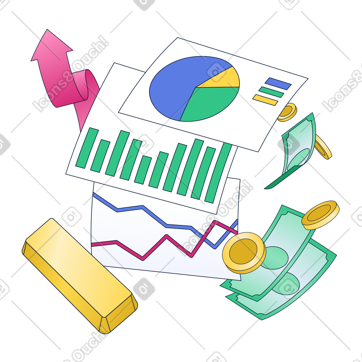 Financial charts with cash and gold bar, Investment and wealth management illustration in PNG, SVG