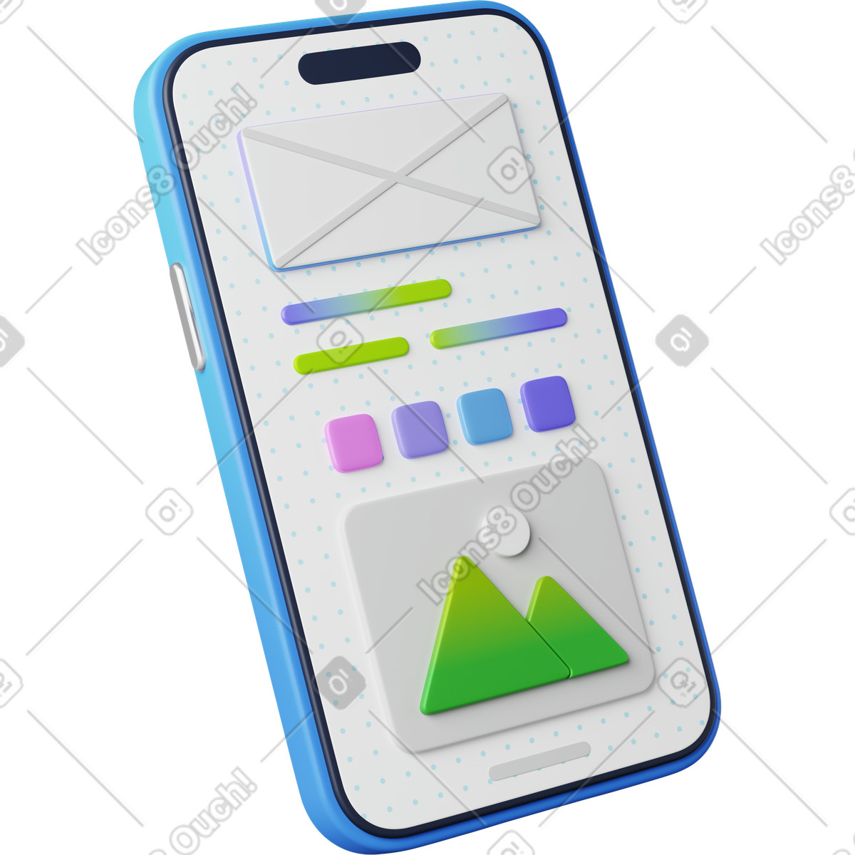 Smartphone ui wireframe layout with image placeholder and colorful buttons-Illustration im 3D Playful-Stil als Download in PNG, SVG
