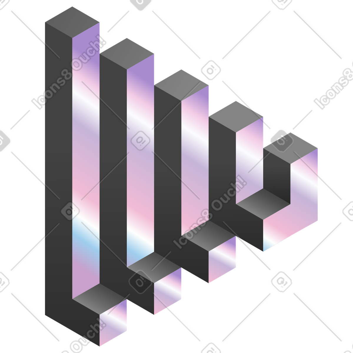 Ilustración Triángulo de penrose hecho barras con superficie iridiscente, ilusión óptica para marca en estilo Illusion a descargar en PNG y SVG